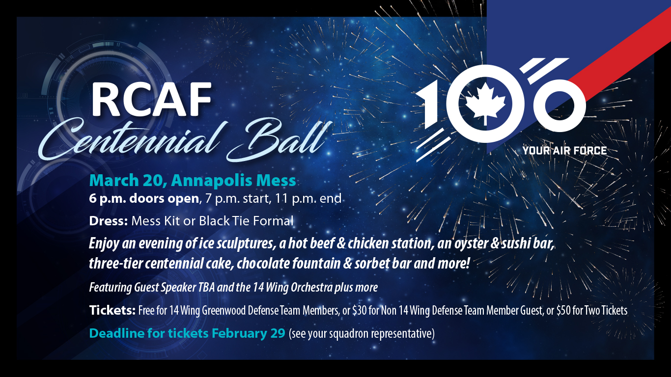 Dress up, dine out – celebrate RCAF100 March 20 at 14 Wing Centennial Ball