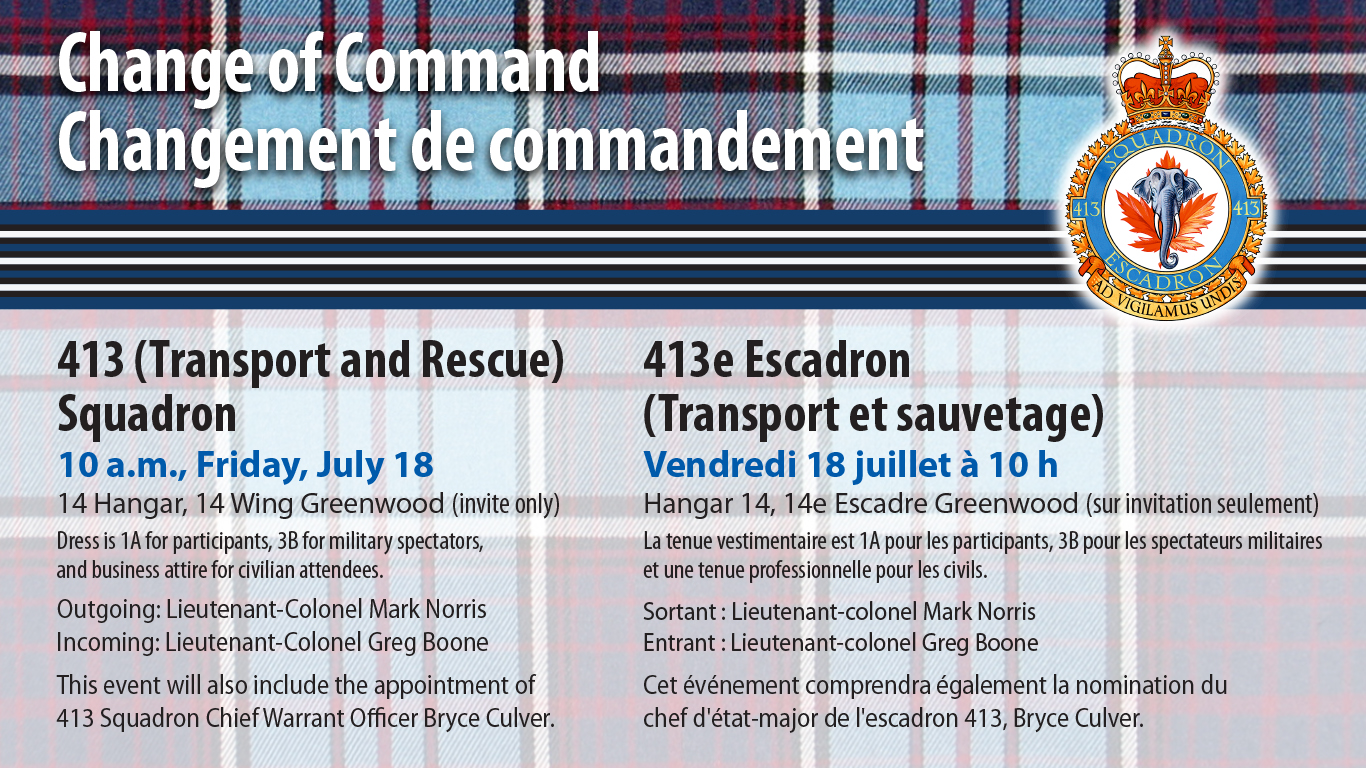 July 18 marks 413 (Transport and Rescue) Squadron change of command, change of appointment