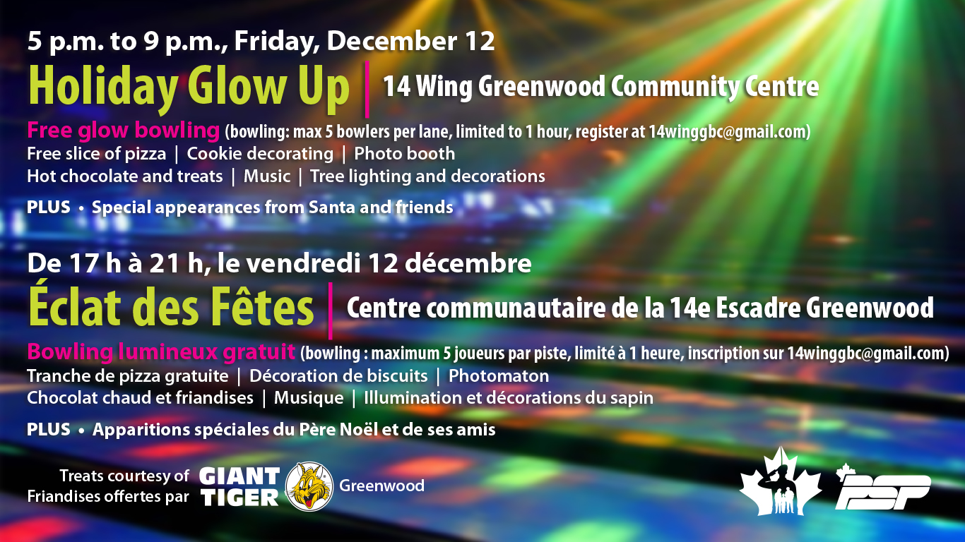 Holiday Glow Up fun December 12 at 14 Wing Community Centre